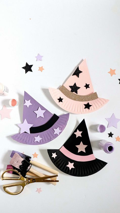 Witch Craft Toddler, Paper Plate Witch Hat, Pin The Hat On The Witch, Halloween Crafts For Prek, Witch’s Hat, Halloween Craft Decor, Witches Hat Craft, Colored Paper Crafts, Halloween Witch Crafts