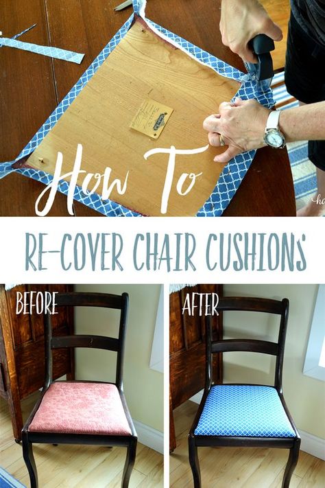 *How to Easily Recover a Chair Cushion* - Follow these quick and easy steps to totally transform the look of chairs! (It's easier than trying to clean the old fabric!!;)) Dining Room Chairs Diy, Diy Chair Cushions, Upholstered Chairs Diy, Recovering Chairs, Reupholster Chair Dining, Dining Chair Seat Covers, Dining Room Chairs Upholstered, Kitchen Chair Cushions, Reupholster Chair