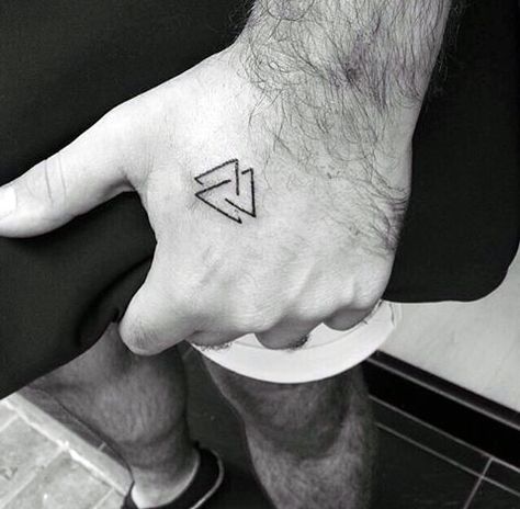 Small Triple Triangle Tattoo On Hands For Men                                                                                                                                                                                 More Roman Tattoos, Tato Geometris, Triangle Tattoo Design, Tato Dengan Makna, Tato Minimal, Tato Jari, Tattoo Diy, Favorite Tattoos, Unalome Tattoo