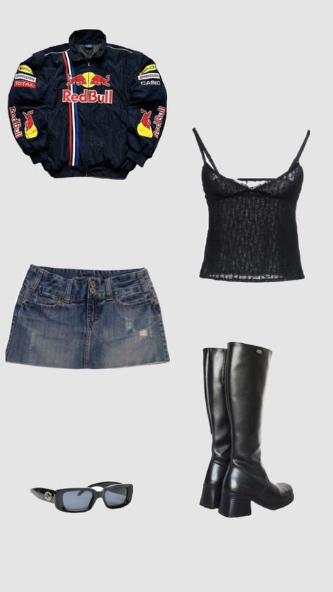 redbull outfit #vintage #redbull #f1 #formulaone #formula1 #racing #coquette #grunge #downtowngirl Redbull F1, Race Outfit, Race Day Outfits, Coquette Grunge, Racing Girl, Vegas Outfit, Academia Fashion, Outfit Vintage, Weekend Outfit