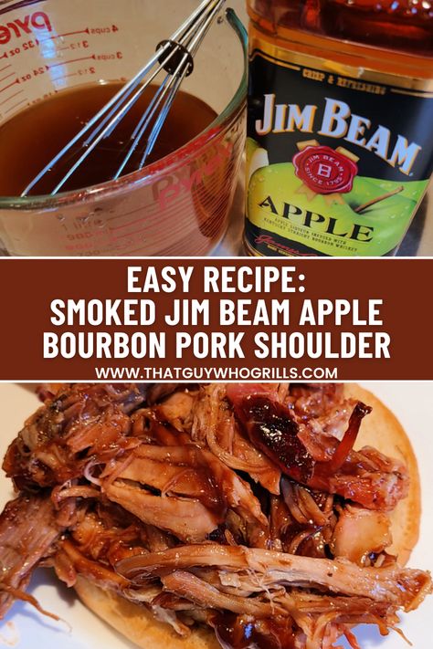 This Jim Beam Apple Bourbon Smoked Pork Shoulder is perfect to smoke a roast to make into shredded pork! Injection and rub make tender meat! Use a metal injector for easy injection to the pork shoulder. Smoke low and slow, this is perfect to make on Pit Boss Smoker or any pellet smoker! Pin this to your smoking foods Pinterest board for later. Pork Roadt, Jim Beam Apple Recipes, Pit Boss Smoker, Smoked Jerky, Pork Shoulder Steak, Smoked Pork Shoulder, Pork Shoulder Recipes, Apple Bourbon, Apple Pork