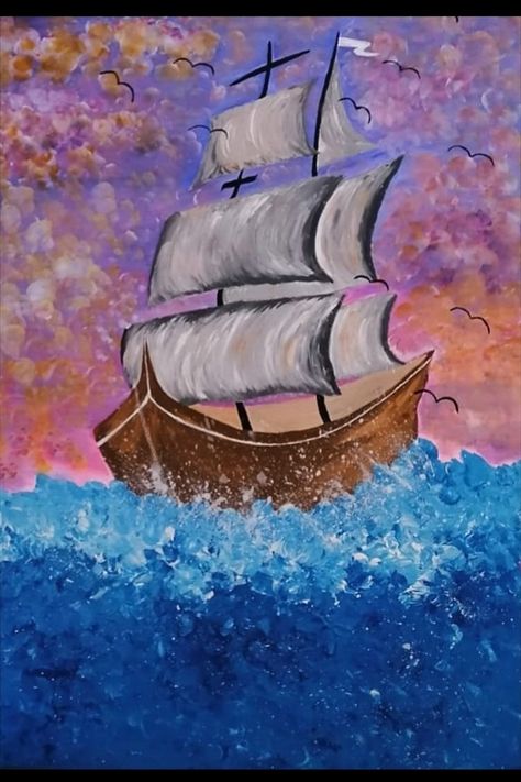 Ship Paintings Acrylic, Easy Ship Painting, Ship Paintings Simple, Sailboat Painting Acrylic Easy, Boat Painting Ideas, Boat Painting Simple, Ship Painting Acrylic, Sailboat Painting Acrylic, Pirate Ship Painting