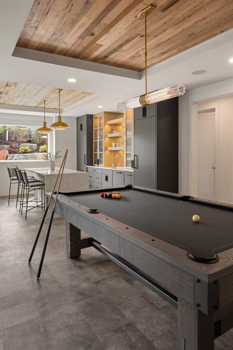 Man Cave Shed Ideas, Rambler House, Modern Man Cave, Modern Pool Table, Modern Tudor, Garage To Living Space, Man Cave Shed, Pool Table Room, Home Bar Rooms