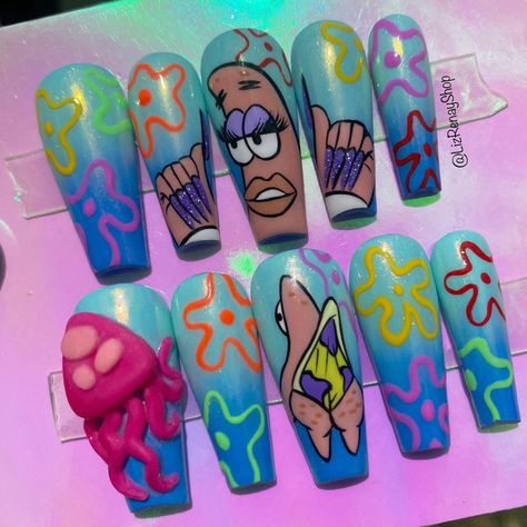 Spongebob Press On Nails, Cute Nail Drawings, Sassy Patrick Star, Patrick Nails Spongebob, Halloween Spongebob Nails, Spongebob Halloween Nails, Patrick Star Nails, Spongebob Nails Acrylic, Sassy Patrick