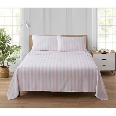 Pink Stripe Bedding, Pink Striped Sheets, Cozy Pink Room, Shabby Chic Sheets, Pink Bed Sheets, Striped Bed Sheets, Bed Inspo, Cozy Dorm, Room Wishlist