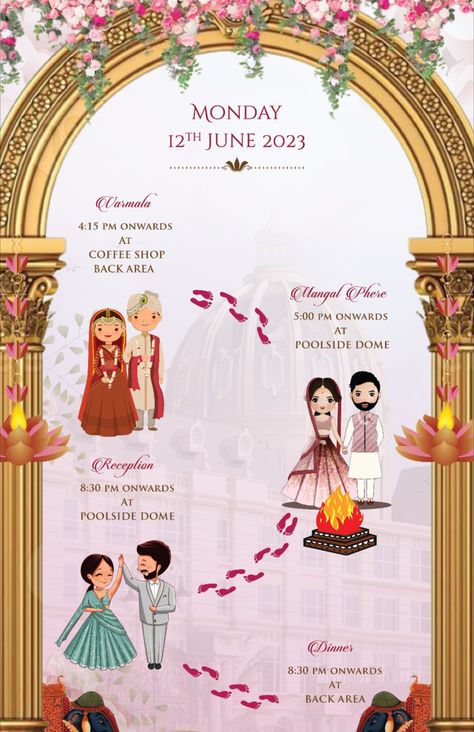 wedding itinary Room Itinerary For Wedding, Indian Wedding Itinerary Template, Indian Wedding Itinerary, Groom Cartoon, Stationary Packaging, Pastel Wedding Decorations, Wedding Day Timeline Template, Bride And Groom Cartoon, Wedding Itinerary Template