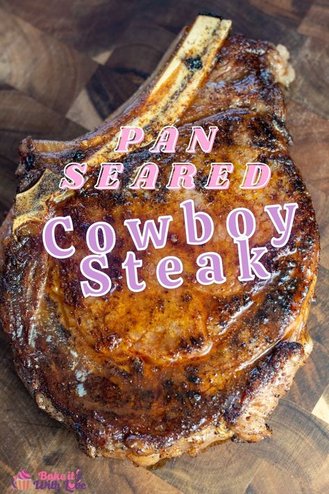 If you consider yourself a steak lover this bone-in, perfectly pan-seared cowboy ribeye steak needs to be next on your dinner menu! This tender, juicy ribeye is basted with a buttery blend of garlic and herbs as you sear it to golden-brown perfection! BakeItWithLove.com #bakeitwithlove #cowboyribeye #steak #dinner #panseared #ribeye #steakhouse How To Cook Cowboy Ribeye Steak, Bone In Rib Eye Steak Recipes, How To Cook A Cowboy Ribeye, Bone In Rib Eye Steak Recipes Oven, Cowboy Steak Recipe, Cowboy Ribeye Steak Oven, Bone In Ribeye Steak Oven, Cowboy Steak How To Cook, Bone In Rib Steak Recipe