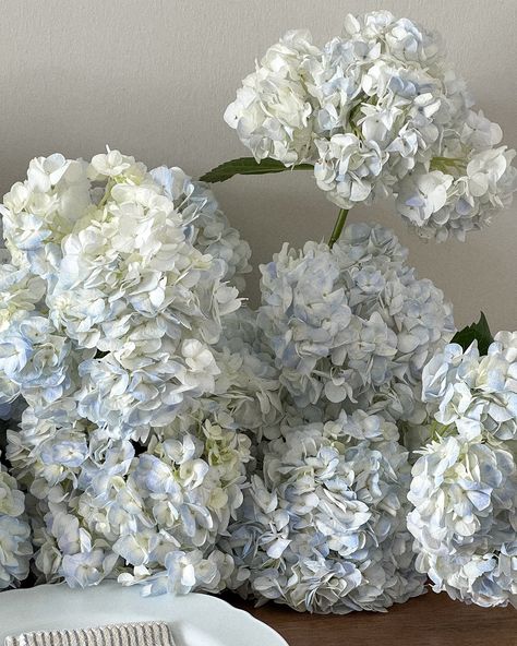 Blue And White Hydrangea Centerpiece, Light Blue And White Aesthetic, Hydrangea Runner, Hydrangea Inspiration, Hydrangea Blue Wedding, Hydrangea Table Runner, Dusty Blue Hydrangea, Blue And White Hydrangea, Pale Blue Hydrangea