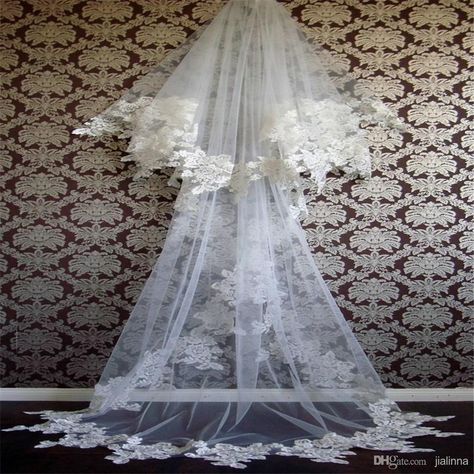 Vintage 2015 Lace Formal Wedding Bridal Veil Chic Lace Cage Long Train Cheap Lace Applique Wedding Veil Custom Made In Stock, $20.95 | DHgate.com Wedding Headresses, Dracula Wedding, Veil Drawing, Rose Veil, Wedding Veils Headpieces, Silk Veil, Beautiful Veil, Applique Wedding, Bridal Veils