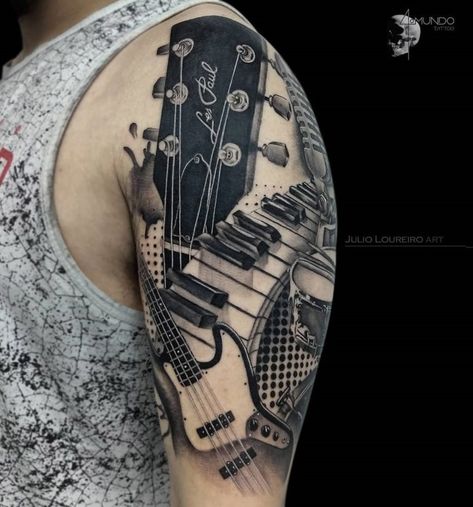 Musical Instruments, Mens Upper Arm Tattoo | Best tattoo design ideas Rocknroll Tattoo Ideas, Drum And Bass Tattoo, Music Sleeve Tattoo For Men, Drum Tattoos For Men, Arm Tattoos Music, Bass Tattoo, Upper Arm Tattoos For Guys, Musician Tattoo, Personal Tattoos