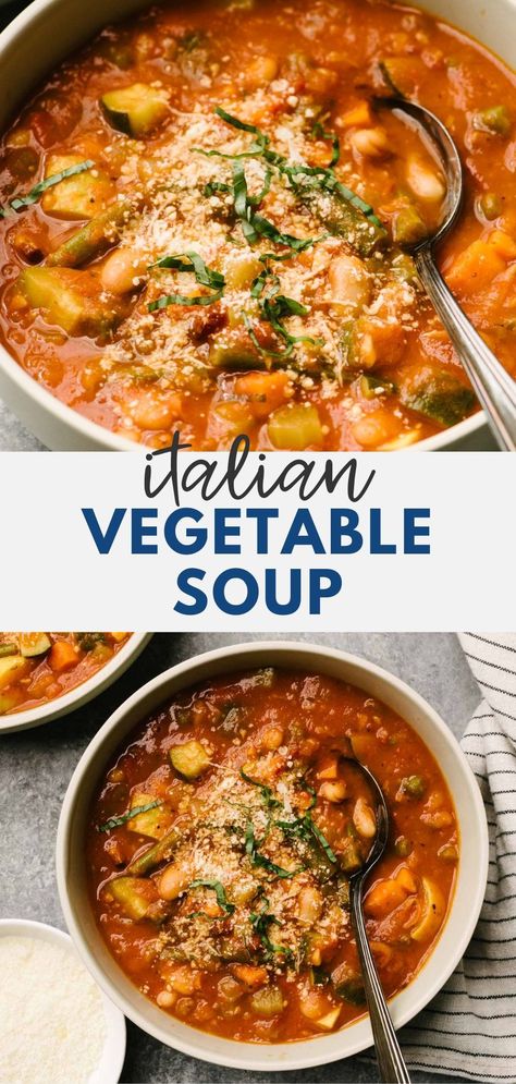 Italian Vegetable Soup is the last stop on the soup-to-stew train. It's loaded with bite-sized chunks of veggies from beans to zucchini - and those beans help naturally thicken the broth just right. Smoky pancetta and nutty parmesan add tons of depth to the flavor. It's the perfect Italian soup recipe for dunking crusty Italian bread. #italianveggiesoup #chunkysoup #veggiesoup #flavorfulsoup Soup With Zucchini Vegetable, Soups With Lots Of Veggies, Vegetable Soup With Sausage, Best Ever Vegetable Soup, Vegetable Florentine Soup, Legume Soup Recipes, Italian Vegetable Soup Recipes, Italian Veggie Soup, Zucchini Vegetable Soup