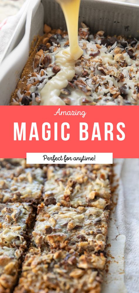 Miracle Bars Recipe, Almost Candy Bars, Treat Bars Ideas, Seven Layers Of Heaven Magic Bars, Easy Magic Bars Recipe, Christmas Magic Bars Recipe, Dolly Bars Recipe Condensed Milk, Holiday Magic Bars, Gluten Free Hello Dolly Bars