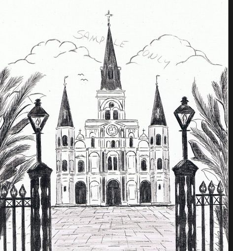 New Orleans Drawing, St Louis Cathedral New Orleans, New Orleans Tattoo, Aa Tattoos, St Louis Cathedral, New Orleans Art, Vector Portrait, Barcelona Cathedral, Louisiana