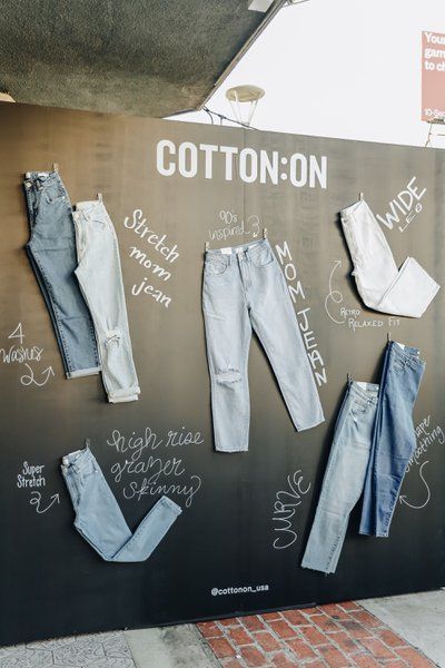 Fashion Launch Event Ideas, Pants Display, Denim Wall, Denim Display, Product Launch Event, Pr Event, Fashion Installation, Fashion Displays, Clothing Displays