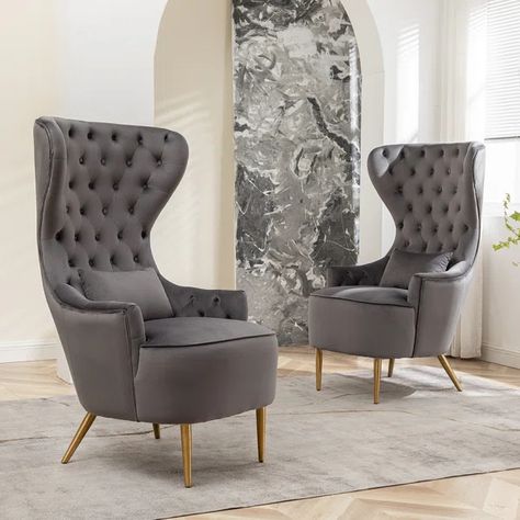 Bayah 2 - Pieces Upholstered Tufted Velvet High Wingback Chair Nursery Armchair, Velvet Wingback Chair, Tufted Furniture, Wingback Accent Chair, Chair Wood, Tufted Cushion, High Back Chairs, Barrel Chair, Cool Chairs