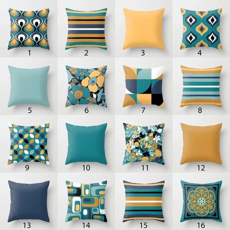 Accent Couch, Teal Living Rooms, Pillow Mixing, Geometric Living Room, White Throw Pillow, Firm Pillows, Yellow Living Room, Outdoor Cushion Covers, White Throw