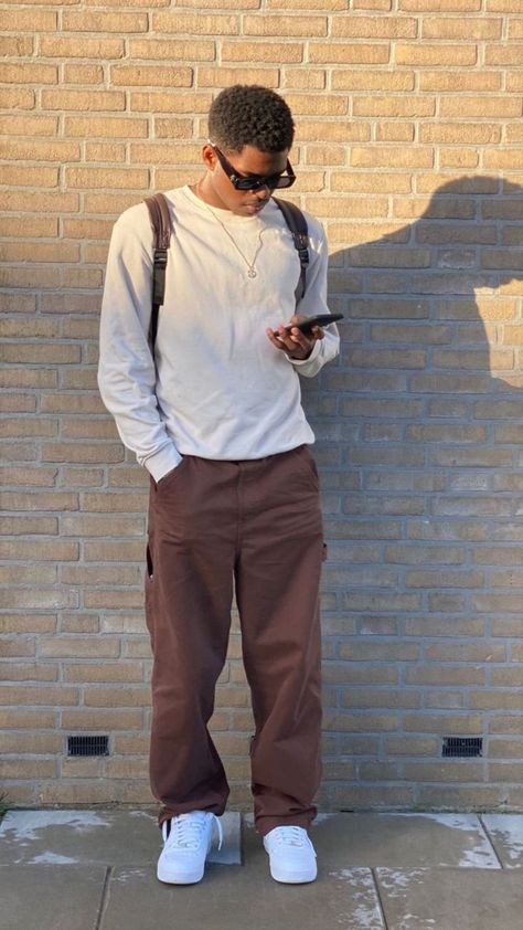 Tan Streetwear Outfit, Simple Outfits Men Street Fashion, Brown And White Outfit Men, Simple Street Style Outfit Men, Brown Skin Outfit Men, Brown Boys Aesthetic, Brown Pants Outfit Men Street, Brown Outfit Aesthetic Men, Casual Outfits For Men Simple