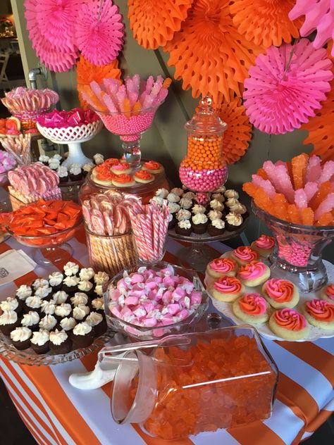 Orange And Pink Birthday Party Decorations, Sweet 16 Party Ideas Bright Colors, Pink And Orange Candy Table, Pink And Orange 18th Birthday, Hot Pink And Orange Decorations, Orange Pink Party Theme, Pink And Orange Candy Bar, Pink And Orange Theme Birthday Party Ideas, Pink Gold Orange Birthday Party