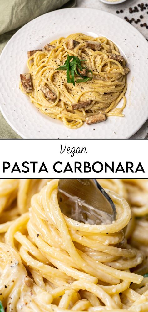 Our easy and quick vegan carbonara is the perfect pasta recipe If you're on the hunt for a creamy, mouthwatering pasta dish that you can whip up in just 15 minutes or less. To make this plant-based carbonara, we only use easy-to-find ingredients you will probably already have on hand. Vegan Carbonara Recipe, Vegan Carbonara Sauce, Vegan Carbonara Pasta, Vegan Carbonara, Vegan Diner, Edgy Veg, Creamy Vegan Pasta, Carbonara Recipe, Pasta Carbonara