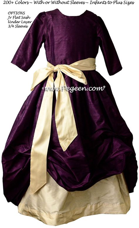 1000 Nights (deep plum) Flower Girl Dresses by Pegeen.com in silk. Available in 200 colors Plum Flower Girl Dresses, Yellow Flower Girl Dresses, Silk Flower Girl Dress, Yellow Weddings, Custom Flower Girl Dress, Burgundy Flower Girl Dress, Bat Mitzvah Dresses, Purple Flower Girl Dress, Yellow Wedding Theme