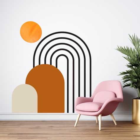 Retro Accent Wall, Abstract Art Corner Decal Geometric Wall Art, 70s Lines On Wall, Arch Wall Sticker, Mod Wall Mural, Retro Groovy Wall Mural, Modern Wall Stickers, Selfie Wall, Apartment Makeover