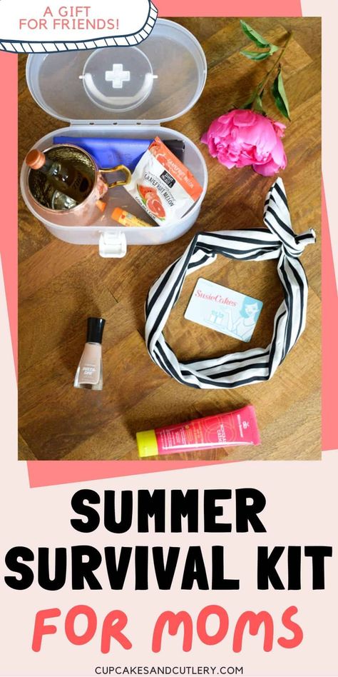 Make this fun gift idea for your mom friends! It's a summer survival kit. With small gift ideas like nail polish, gum, and a cocktail glass, your friends will love these things. Summer Survival Kit, Japanese Dollar Store, Small Gift Ideas, Susie Cakes, Cute Storage Boxes, Quick Dry Nail Polish, Moms Night, School Mom, Mom Friends