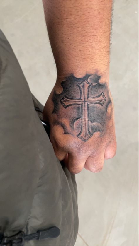 Lmao this my first tattoo Cross Clouds Tattoo, Cross Hand Tattoo Men, Cloud Hand Tattoo, Hand Tattoos Cross, Cross On Hand Tattoo, Christian Hand Tattoo, Hand Cross Tattoo, Cross Hand Tattoo, Cross Tattoo Men