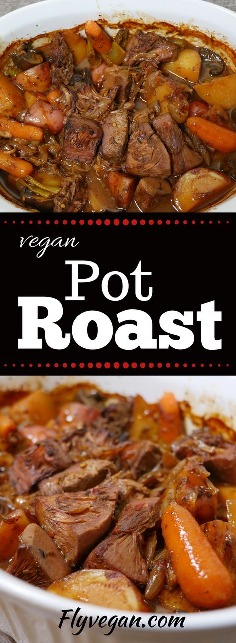 Jackfruit pot roast recipe, vegetarian, vegan, roasted vegetables, holiday recipe ideas. Vegetarian Southern Food, Jackfruit Pot Roast, Vegan Pot Roast, Vegan Soulfood, Food Wellness, Vegan Soul Food, Jackfruit Recipes, Pot Roast Recipe, Vegan Meat