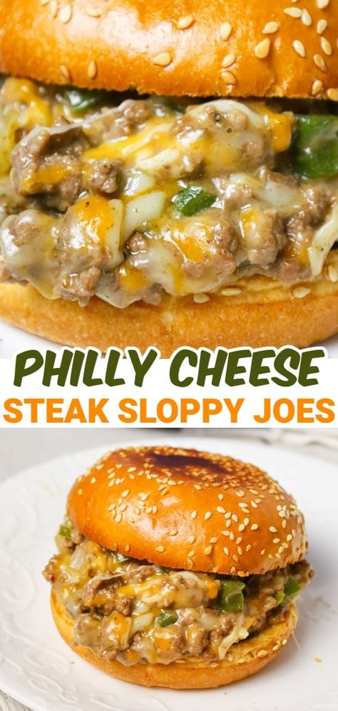 Recipe Using Ground Beef, Philly Cheese Steak Sloppy Joes, Cheese Steak Sloppy Joes, Green Pepper Recipes, Recipes Using Ground Beef, Cheesesteak Recipe, Sloppy Joes Recipe, Cheese Steak, Philly Cheese