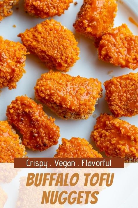 This crispy Buffalo Tofu makes a fun appetizer, snack or dinner option! This recipe is easy to make with chunks of tofu coated in buffalo sauce, breaded and then baked (or fried) to perfection. These tofu nuggets are completely vegan, easily made gluten free, kid-friendly and adult approved! Crispy Buffalo Tofu, Tofu Nuggets, Buffalo Tofu, Vegan Ranch Dressing, Gluten Free Bread Crumbs, Vegan Ranch, Heart Healthy Diet, Sandwich Fillings, Buffalo Cauliflower