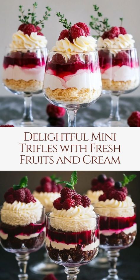 These Delightful Mini Trifles are layered with fresh fruits, creamy custard, and soft sponge—an elegant and refreshing dessert perfect for any occasion!  Ingredients:  1 pack of sponge fingers or ladyfingers 1 cup of mixed fresh berries (strawberries, raspberries, blueberries) 2 cups of custard 1 cup of whipped cream 1/4 cup of jelly (prepared and set) 2 tablespoons of berry jam 1/4 cup of shredded coconut (optional) 1 tablespoon of chopped pistachios (optional) Fresh mint leaves for garnish Strawberry Trifle Cups, Strawberry Pudding Cups, Mini Trifle Recipes, Mini Christmas Trifle Desserts, Mini Trifle Cups, Triffle Desserts Cups, Triffle Desserts Simple, Individual Christmas Desserts, Mini Trifle Desserts