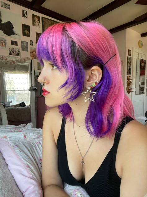 Unique Short Hair Color, Pink Hair With Purple Underneath, Pink And Purple Scene Hair, Purple And Platinum Blonde Hair, Cute Colored Hair Ideas, Pink And Purple Dyed Hair, Half Purple Half Red Hair, Purple Hair Pink Bangs, Funky Hair Colours For Short Hair