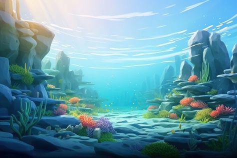 Underwater outdoors nature ocean.  | premium image by rawpixel.com 3d Underwater Scene, Rock Fish, Underwater Background, Nature Ocean, Underwater World, World Art, 3d Rendering, Aquarium Fish, 3d Illustration