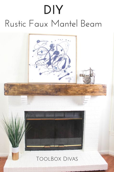 DIY Faux wood beam fireplace mantel. floating shelves style mantel. This farmhouse style decor is an aged vintage reclaimed look.  Easy step by step tutorial and video. @Toolboxdivas #Farmhouse #Farmhousestyle #Home decor Living room family room via @Toolboxdivas Farmhouse Style Fireplace, Beam Fireplace, Diy Mantel, Style Fireplace, Faux Wood Beams, Faux Beams, Diy Fireplace, Estantes Flotantes, George Nelson