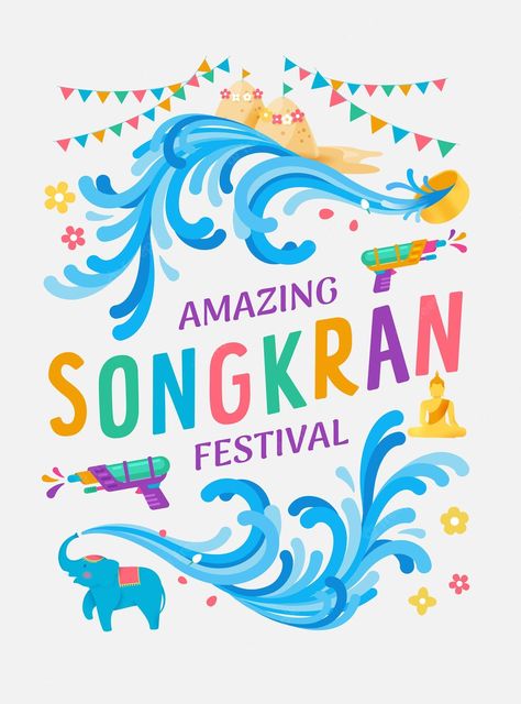 Songkran Festival Poster, Songkran Festival Thailand, Water Splash Vector, Songkran Thailand, Sinulog Festival, Festival Poster Design, Thailand Festivals, Splash Vector, Songkran Festival