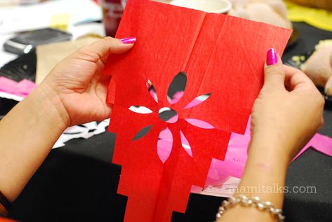 How to make easy Papel Picado - Mami Talks™ Mexican Bunting, Mami Talks, Mexican Papel Picado, Fiesta Decor, Mexican Party Decorations, Mexican Birthday, Mexican Party Theme, Mexican Christmas, Mexican Crafts