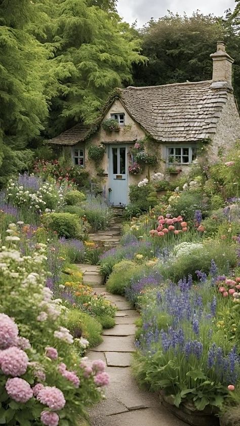 Overgrown Home Aesthetic, English Hillside Garden, England Garden Design, English Garden Curb Appeal, English Cottage Yard, Cottage Flowers Garden, Country Cottage Garden Design, English Cottage With Garden, English Cottages And Gardens