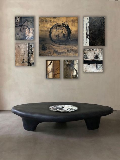 Gallery wall featuring paintings from my new "Wabi Sabi" collection. Wabi Sabi Abstract Art, Wabi Sabi Illustration, Wabi Sabi Tapestry, Wabi Sabi Artwork Paintings, Wabi Sabi Concept, Vintage Objects, Wabi Sabi, Interior Styling, Gallery Wall