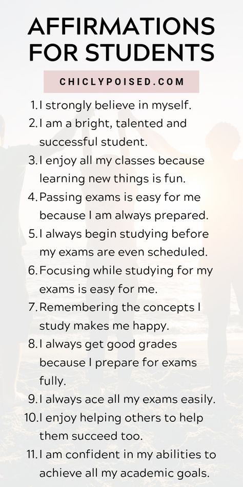 Positive affirmations for college students. #affirmations #positivehabits #studentaffirmations #collegeyear #freshmanyear Positive Learning Affirmations, Words Of Affirmation For School, Daily Affirmations For School, Positive Affirmation For Studying, Daily Affirmations For Studying, Study Affirmations I Am, Affirmations For Students Learning, Manifestation For Students, I Am Affirmations For Students