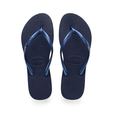 Women's Navy Blue Flip Flops | Havaianas Comfortable Flip Flops, Blue Flip Flops, Rubber Flip Flops, Havaianas Flip Flops, Navy Fashion, Navy Women, Metallic Logo, Flip Flop Sandals, Flip Flop