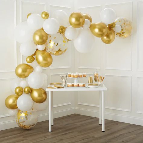 10ft. Gold & White Balloon Garland by Celebrate It™ | Michaels Gold White Balloon Garland, White And Gold Balloon Garland, White Balloon Garland, Clear Balloons With Confetti, Gold Balloon Garland, 50th Wedding Anniversary Party, Clear Balloons, Gold Party Decorations, Prom Decor