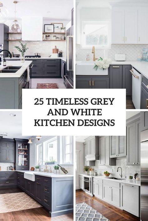 timeless grey and white kitchen designs cover White Uppers Gray Lower Cabinets, Charcoal And White Kitchen Cabinets, Kitchen Ideas Light Grey Cabinets, White And Charcoal Kitchen, Gray And Black Kitchen Ideas, Gray And White Kitchens, Grey Kitchen Island White Cabinets, White Cabinet Grey Countertop, Grey Cabinets With White Countertops