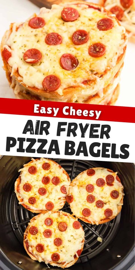 Air fryer pizza bagels are quick and easy to make in 10 minutes with 5 simple ingredients and are a perfect easy meal for the family. Switch things up next pizza night with the easy recipe. You can even add pepperoni or your favorite pizza toppings or use mini bagels for homemade bagel bites! Homemade Bagel Bites, Bagels Easy, Quick Pizza Sauce, Bagel Pizza Recipe, Pizza Bagel, Air Fryer Pizza, Plain Bagel, Breakfast Crescent Rolls, Mini Bagels