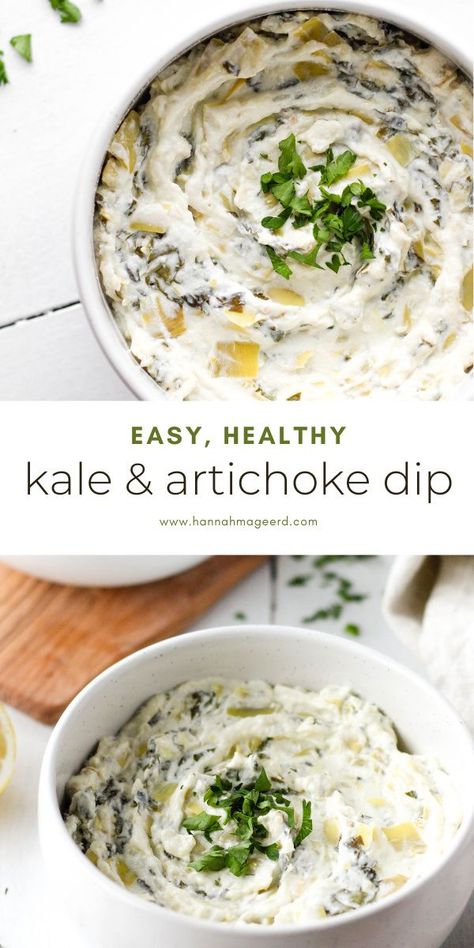 The holy grail of appetizers! This healthy artichoke dip with kale is my take on traditional spinach Kale Appetizer Recipes, Greek Yogurt Spinach Artichoke Dip, Kale And Artichoke Dip, Greek Yogurt Artichoke Dip, Kale Artichoke Dip, Kale Dip Recipes, Healthy Artichoke Dip, Healthy Christmas Appetizers, Breastfeeding Meals