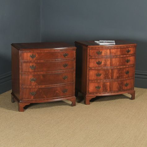 Vintage Pair of English Georgian Style Flame Mahogany Bow Front Bachelor Bedside Chests of Drawers (Circa 1950) Bachelor Chest, Interior Signs, Bachelors Chest, Bedside Chest, Storing Clothes, Mahogany Color, Chests Of Drawers, Brass Handles, Small Chest