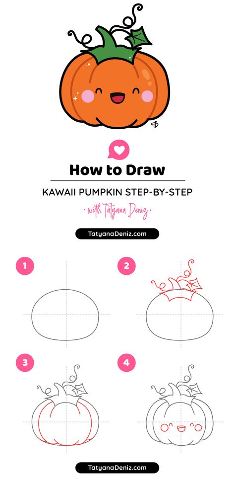 How to draw easy and cute Halloween pumpkin step-by-step How To Draw Cute Halloween Stuff, How To Draw Halloween Characters, Cute Easy Halloween Doodles, Spooky Drawings Easy Step By Step, How To Draw A Cute Pumpkin, Cute Pumpkin Art, Easy Autumn Drawings, Cute Pumpkin Drawing Simple, Simple Kawaii Drawings