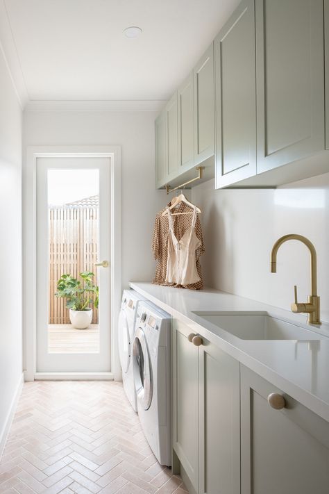 The House of Harvee Renovation is Pastel Perfection | ABI Interiors Laundry Room Tile Ideas, Brushed Brass Tapware, Brick Style Tiles, Brass Tapware, Laundry Room Tile, Abi Interiors, Laundry Ideas, Laundry Room Flooring, Laundry Room Layouts