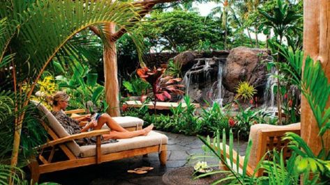 Hawaiian landscaping, water feature & pergola idea for my tropical backyard Tropical Backyard, Four Seasons Resort, Best Spa, Tropical Landscaping, Pool Landscaping, Tropical Garden, Backyard Oasis, Outdoor Shower, Big Island