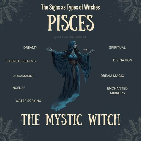 The signs as witches Part 2 🖤💙 . . . . . . . . . #witchlife #witchesofinstagram #witchcraft #pagan #witchy #witchtok #witchyvibes #witchesofig #witchythings #witchyaesthetic #zodiac #zodiacsigns Diety Witchcraft Signs, Sea Water Witchcraft, Pisces Witch, Witch Woods, Glamor Magic, Aquarius And Virgo, Water Witchcraft, Pisces Core, Witchy Astrology