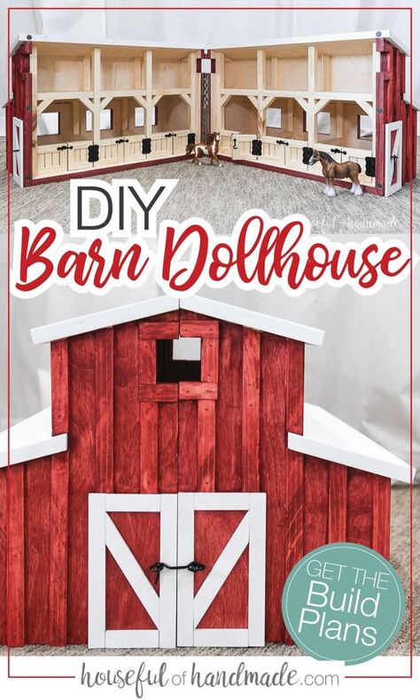 Build a wooden toy barn for your favorite little cowboy or cowgirl. Free printable project plans with how-to steps, tools & materials list, cut list & diagram. Barbie Stable Diy, Diy Stables For Toy Horses, Diy Horse Stable Toy, Schliech Barn Ideas, Toy Barn Diy Wooden, Diy Toy Horse Stable, Dollhouse Plans Free, Schleich Diy Ideas, Diy Dollhouse Plans